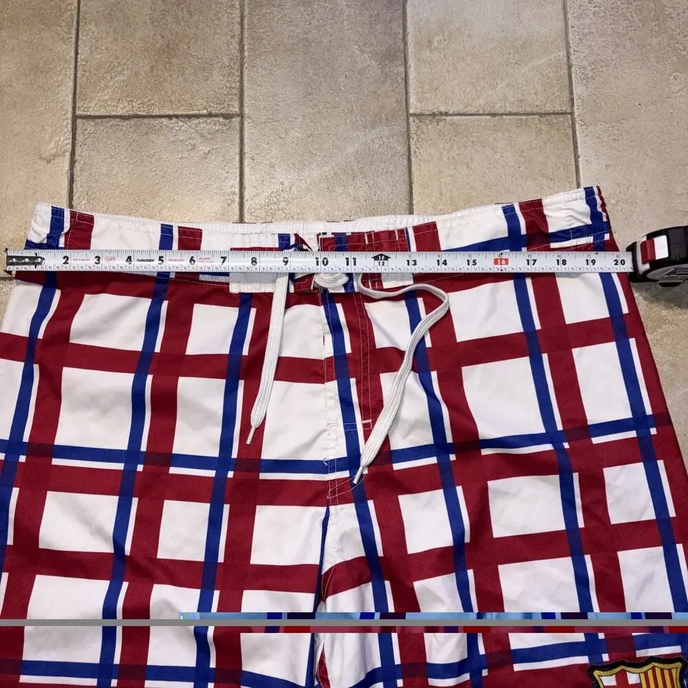 FC Barcelona Board Shorts Mens 36 Plaid Swim Trunks Icon Sports Group Vintage
